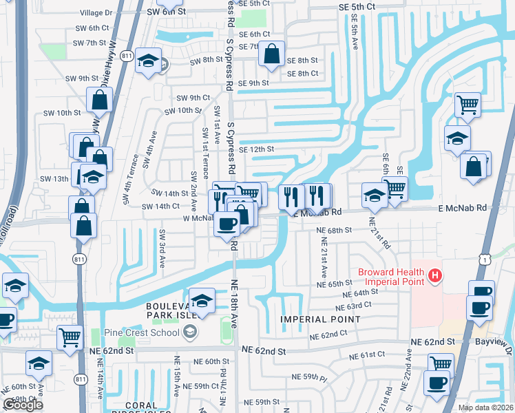 map of restaurants, bars, coffee shops, grocery stores, and more near 140 East McNab Road in Pompano Beach