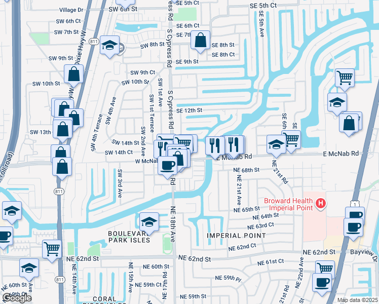 map of restaurants, bars, coffee shops, grocery stores, and more near 140 East McNab Road in Pompano Beach