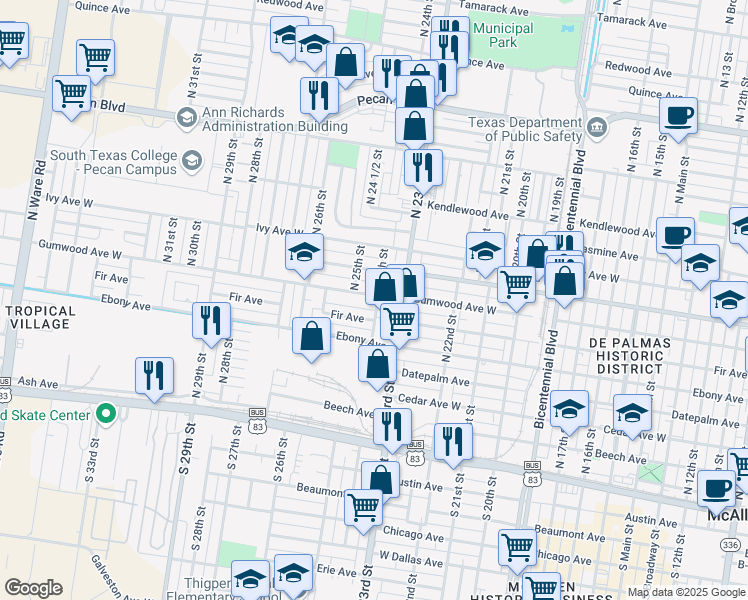 map of restaurants, bars, coffee shops, grocery stores, and more near 2400 Fir Avenue in McAllen