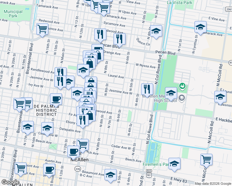 map of restaurants, bars, coffee shops, grocery stores, and more near 600 Ivy Avenue in McAllen