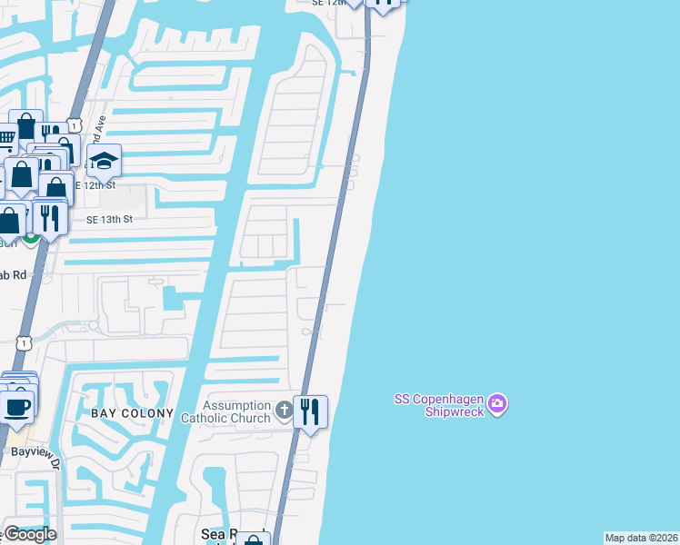 map of restaurants, bars, coffee shops, grocery stores, and more near 1530 South Ocean Boulevard in Pompano Beach