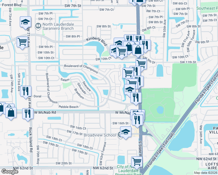 map of restaurants, bars, coffee shops, grocery stores, and more near 307 Bishop Road in North Lauderdale