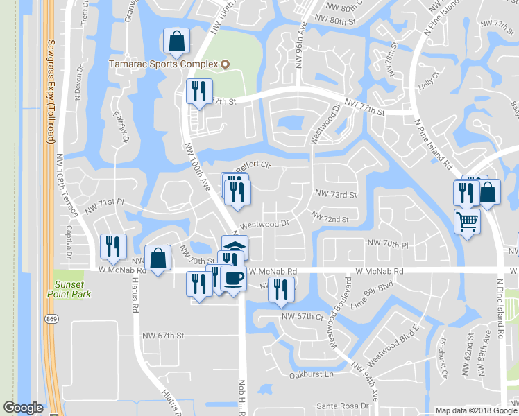 map of restaurants, bars, coffee shops, grocery stores, and more near 9919 Malvern Drive in Tamarac