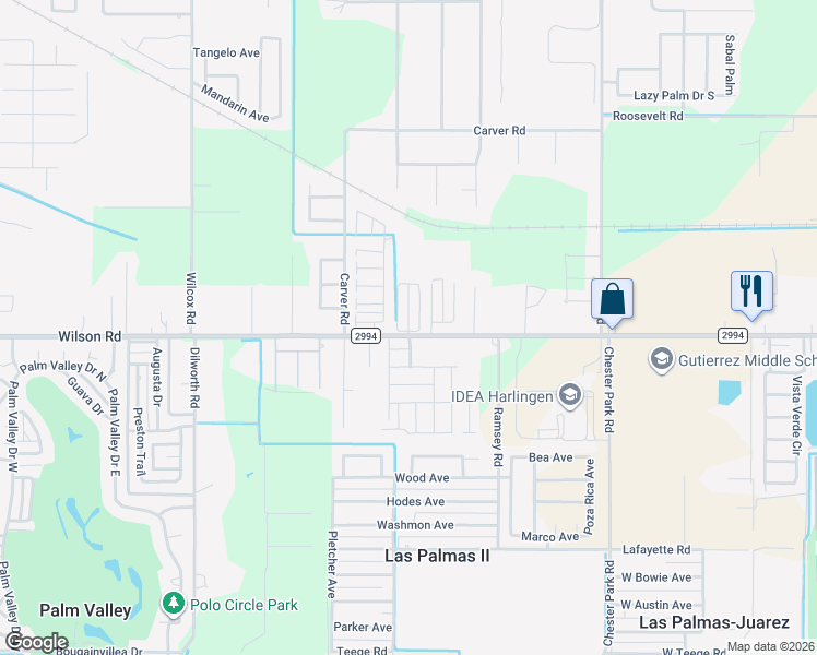 map of restaurants, bars, coffee shops, grocery stores, and more near 4203 Wilson Road in Harlingen