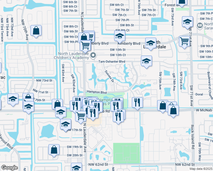 map of restaurants, bars, coffee shops, grocery stores, and more near 7900 Hampton Boulevard in North Lauderdale