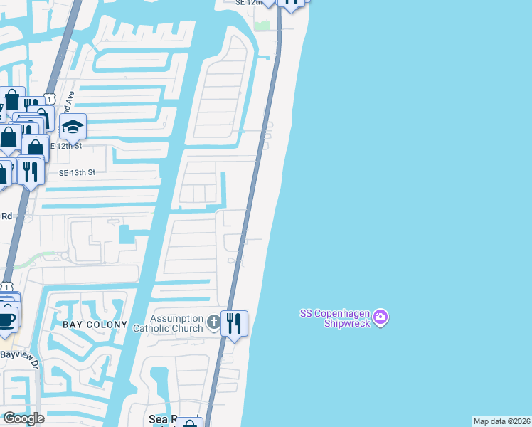 map of restaurants, bars, coffee shops, grocery stores, and more near 1530 South Ocean Boulevard in Pompano Beach