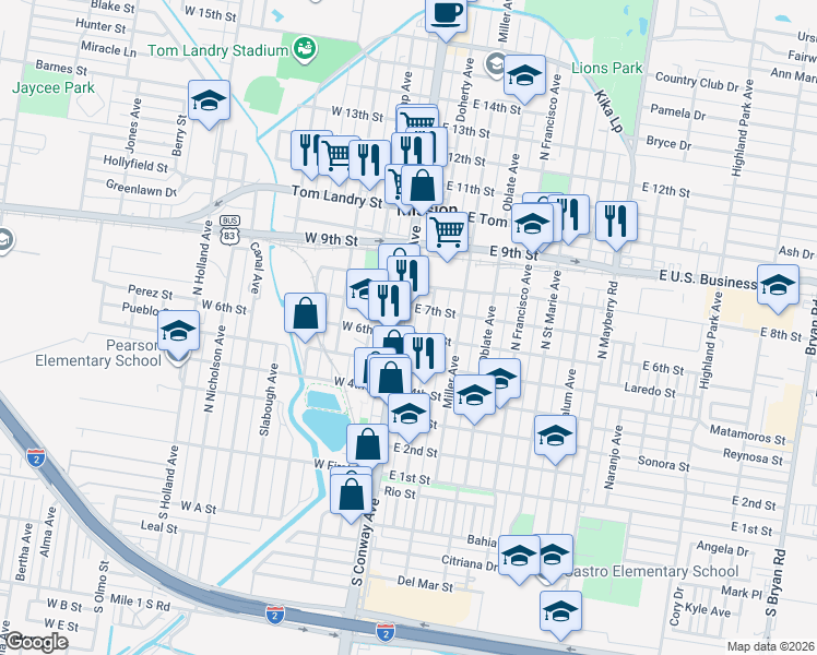 map of restaurants, bars, coffee shops, grocery stores, and more near 701 North Conway Avenue in Mission