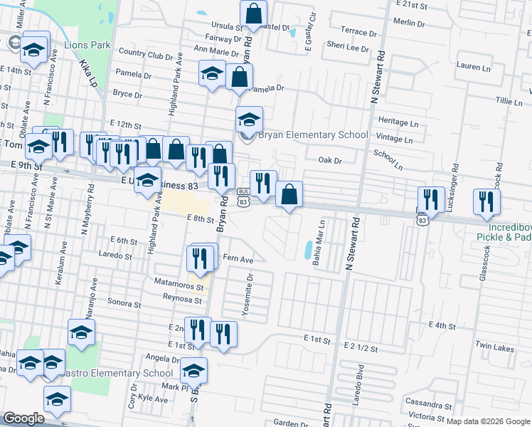 map of restaurants, bars, coffee shops, grocery stores, and more near 1238 East U.S. Business 83 in Mission