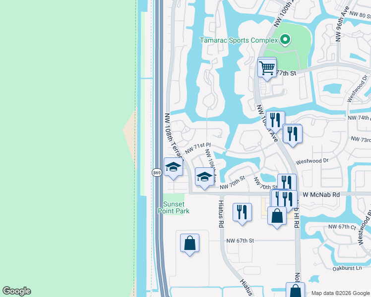 map of restaurants, bars, coffee shops, grocery stores, and more near 10621 West Clairmont Circle in Tamarac