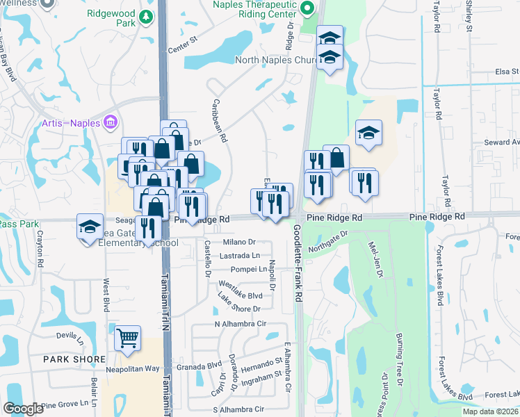 map of restaurants, bars, coffee shops, grocery stores, and more near 25 East Avenue in Naples