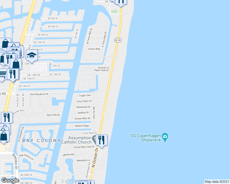 map of restaurants, bars, coffee shops, grocery stores, and more near 1470 South Ocean Boulevard in Pompano Beach