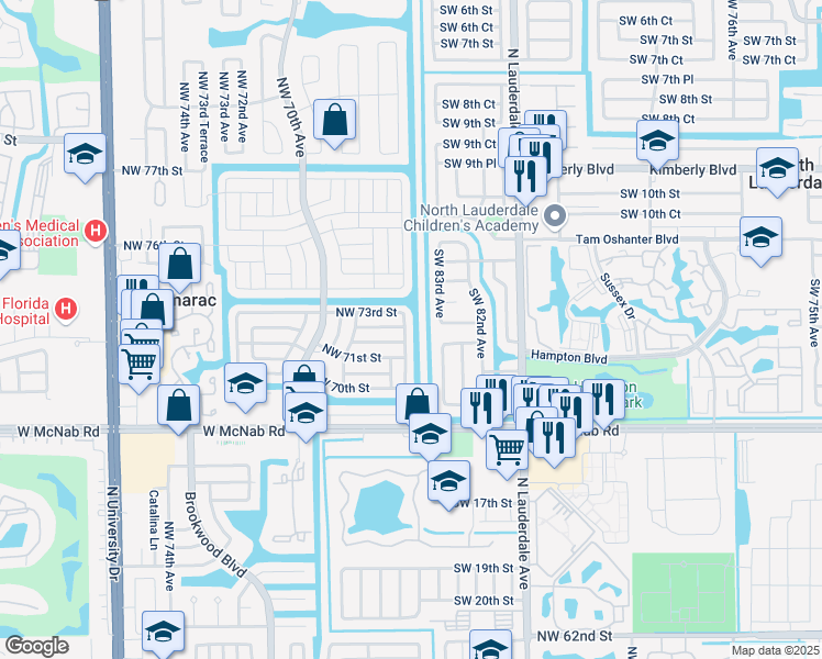 map of restaurants, bars, coffee shops, grocery stores, and more near 6605 Northwest 73rd Street in Tamarac