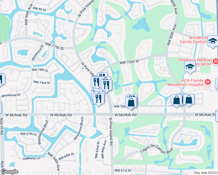 map of restaurants, bars, coffee shops, grocery stores, and more near 89 Woodmont Lane in Tamarac