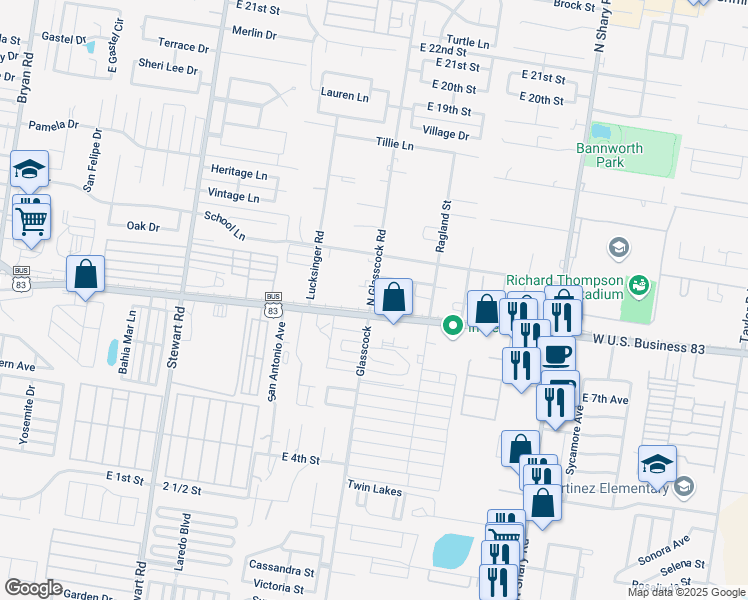 map of restaurants, bars, coffee shops, grocery stores, and more near 1006 North Glasscock Road in Mission