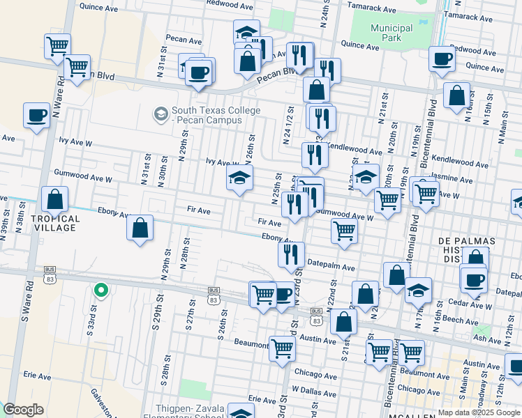map of restaurants, bars, coffee shops, grocery stores, and more near 2508 Gumwood Avenue in McAllen
