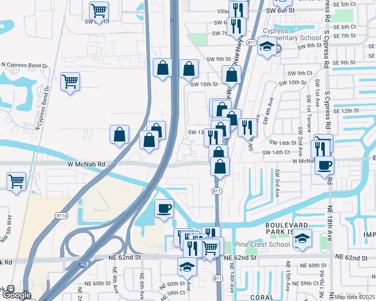 map of restaurants, bars, coffee shops, grocery stores, and more near 901 Southwest 14th Street in Pompano Beach