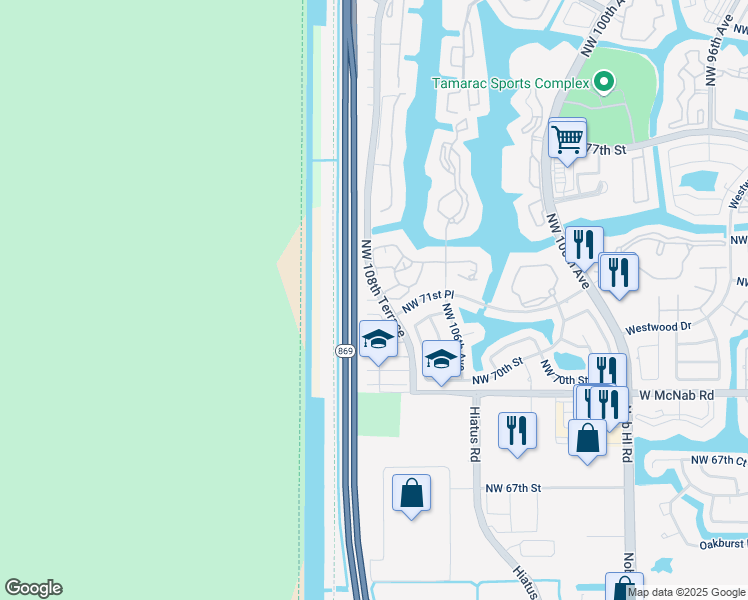 map of restaurants, bars, coffee shops, grocery stores, and more near 10775 West Clairmont Circle in Tamarac