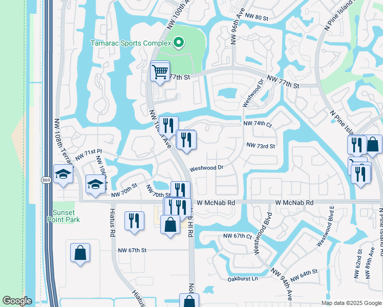 map of restaurants, bars, coffee shops, grocery stores, and more near 9909 Westwood Drive in Tamarac