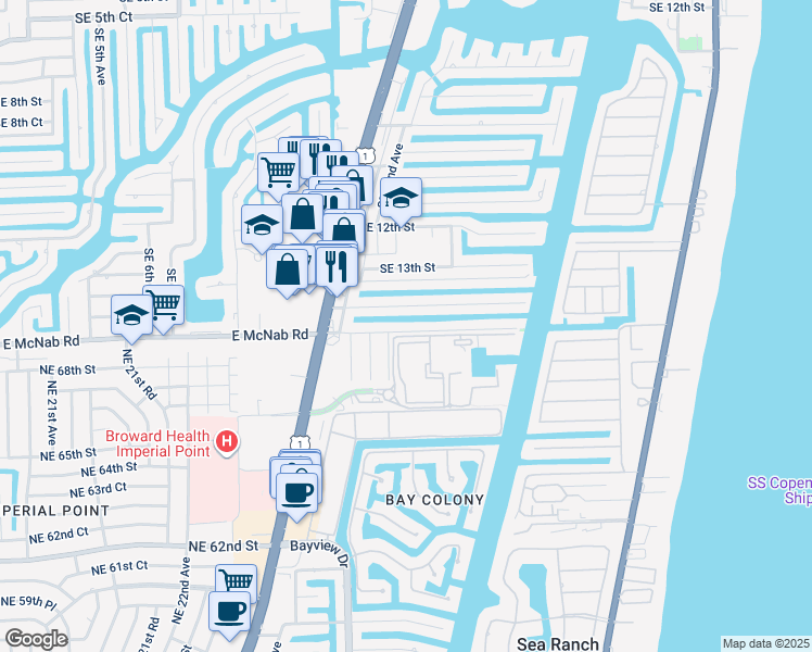 map of restaurants, bars, coffee shops, grocery stores, and more near 2420 Southeast 14th Street in Pompano Beach