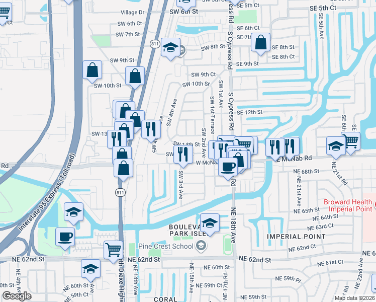 map of restaurants, bars, coffee shops, grocery stores, and more near 275 Southwest 14th Street in Pompano Beach