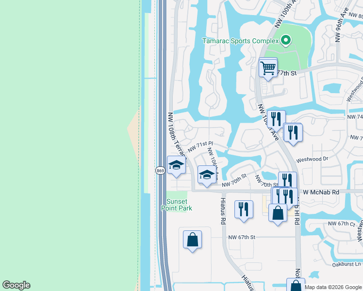 map of restaurants, bars, coffee shops, grocery stores, and more near 10775 West Clairmont Circle in Tamarac