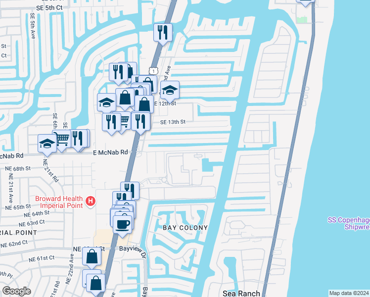 map of restaurants, bars, coffee shops, grocery stores, and more near 2420 Southeast 14th Street in Pompano Beach