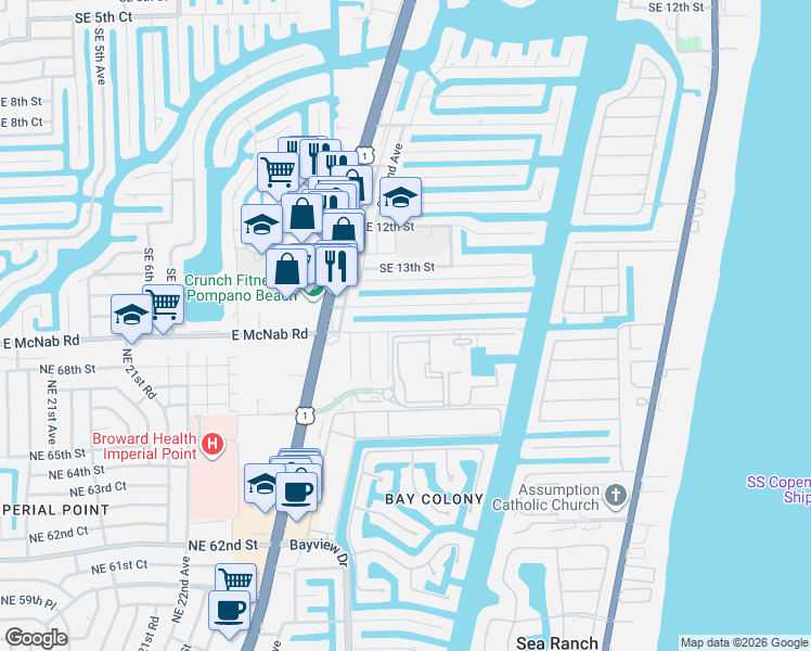 map of restaurants, bars, coffee shops, grocery stores, and more near 2420 Southeast 14th Street in Pompano Beach