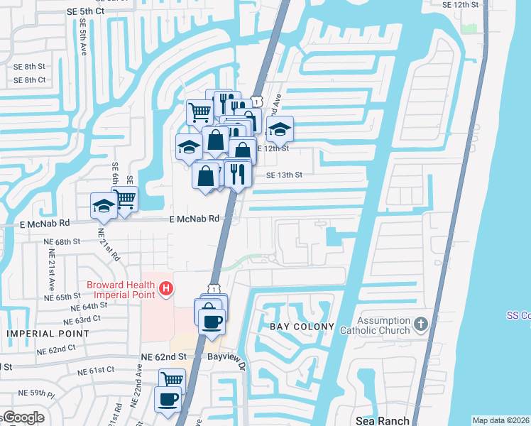 map of restaurants, bars, coffee shops, grocery stores, and more near 2290 Southeast 14th Street in Pompano Beach