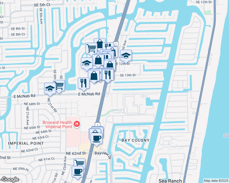 map of restaurants, bars, coffee shops, grocery stores, and more near 1390 South Federal Highway in Pompano Beach