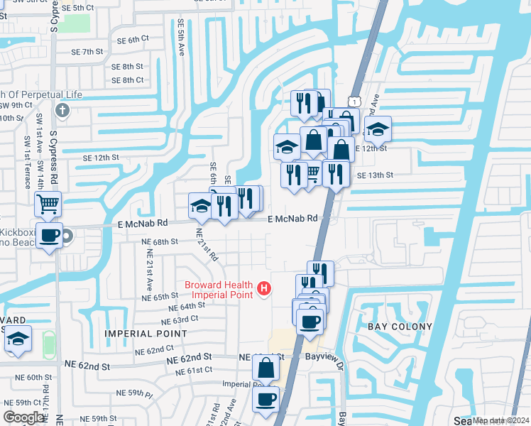 map of restaurants, bars, coffee shops, grocery stores, and more near 1371 Southeast 9th Avenue in Pompano Beach