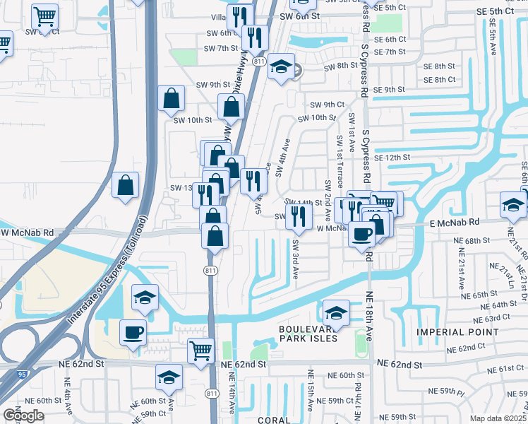 map of restaurants, bars, coffee shops, grocery stores, and more near 1371 Southwest 4th Terrace in Pompano Beach