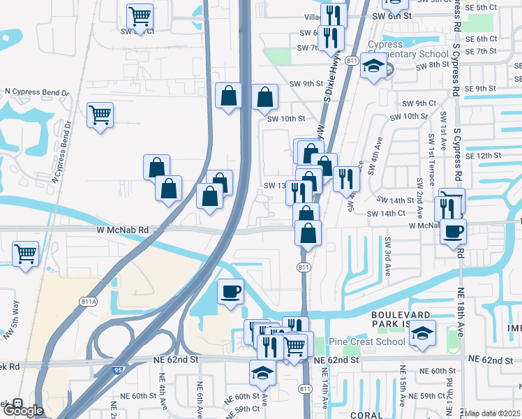 map of restaurants, bars, coffee shops, grocery stores, and more near 901 Southwest 14th Street in Pompano Beach
