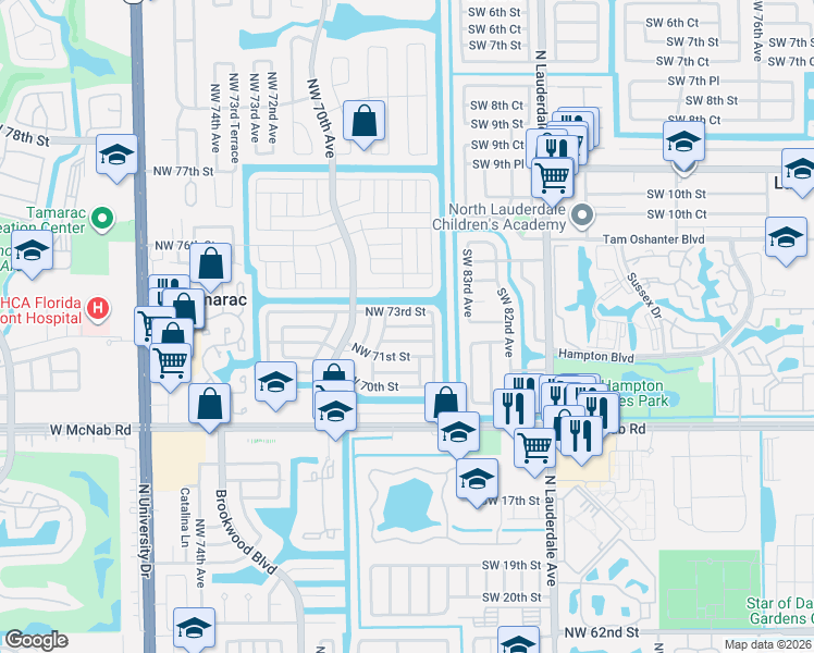 map of restaurants, bars, coffee shops, grocery stores, and more near 6711 Northwest 73rd Street in Tamarac