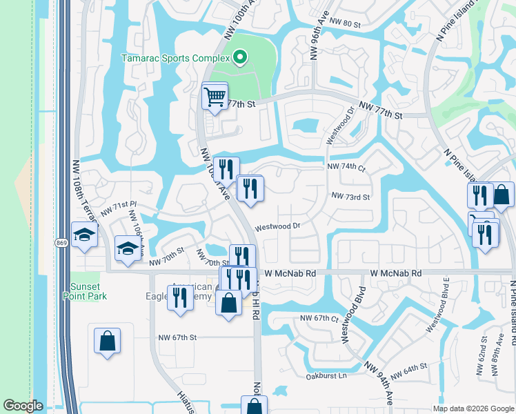 map of restaurants, bars, coffee shops, grocery stores, and more near 9909 Westwood Drive in Tamarac