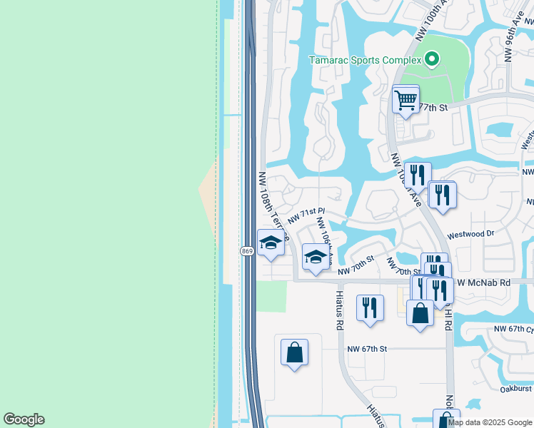 map of restaurants, bars, coffee shops, grocery stores, and more near 10775 West Clairmont Circle in Tamarac