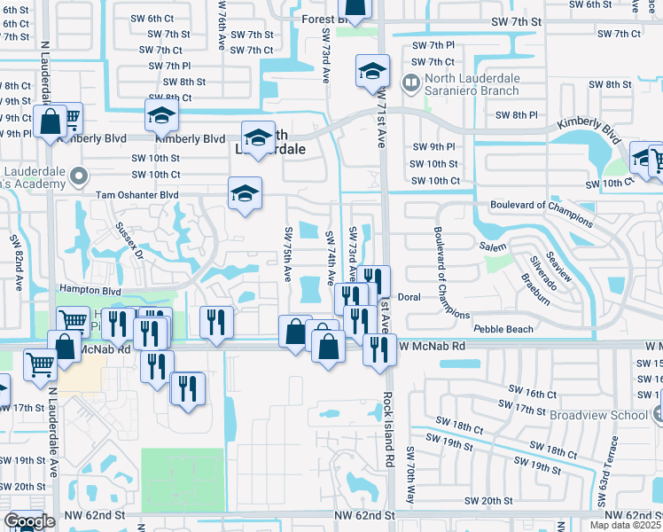 map of restaurants, bars, coffee shops, grocery stores, and more near Southwest 13th Street in North Lauderdale