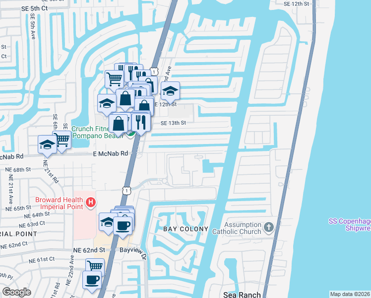 map of restaurants, bars, coffee shops, grocery stores, and more near 2420 Southeast 14th Street in Pompano Beach