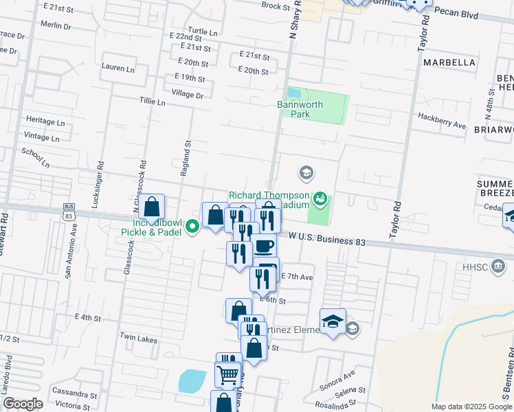 map of restaurants, bars, coffee shops, grocery stores, and more near 2225 School Lane in Mission