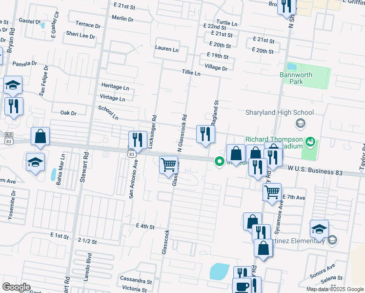 map of restaurants, bars, coffee shops, grocery stores, and more near 1006 North Glasscock Road in Mission