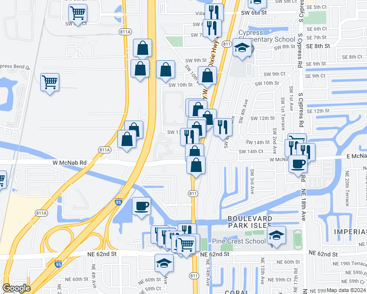 map of restaurants, bars, coffee shops, grocery stores, and more near 771 Southwest 14th Street in Pompano Beach