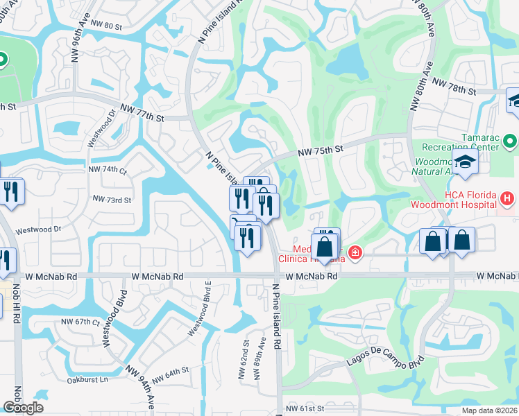 map of restaurants, bars, coffee shops, grocery stores, and more near 7525 Northwest 88th Avenue in Tamarac