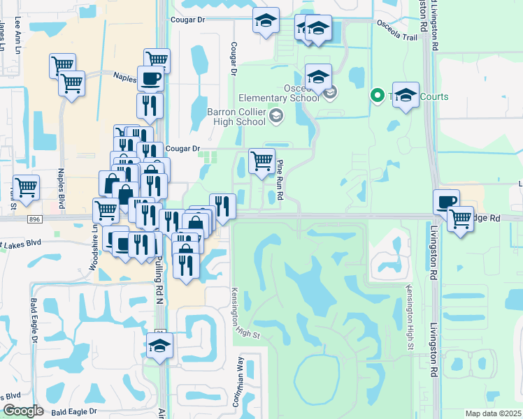 map of restaurants, bars, coffee shops, grocery stores, and more near 2801 Pine Run Road in Naples