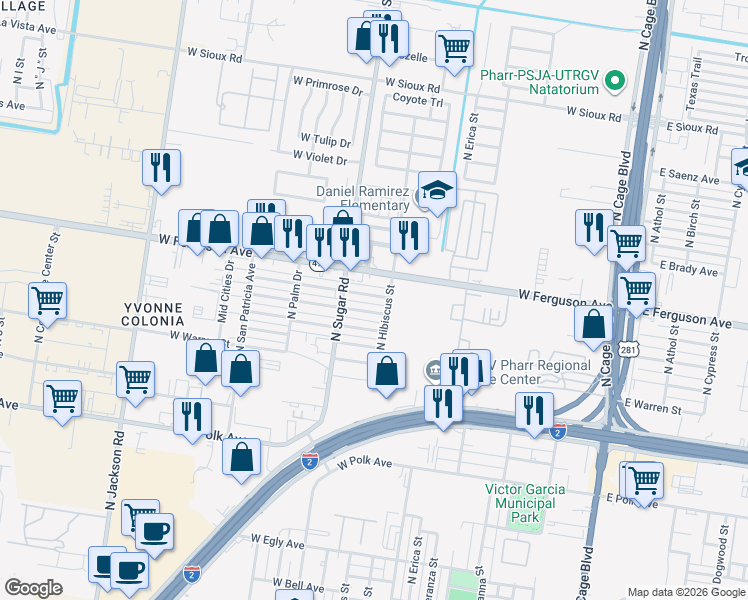 map of restaurants, bars, coffee shops, grocery stores, and more near 807 West Lee Street in Pharr