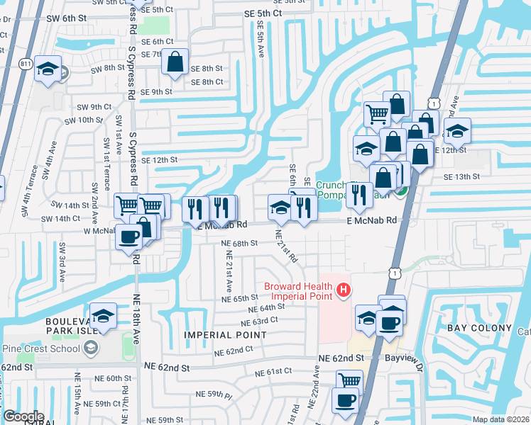 map of restaurants, bars, coffee shops, grocery stores, and more near 520 Southeast 14th Street in Pompano Beach