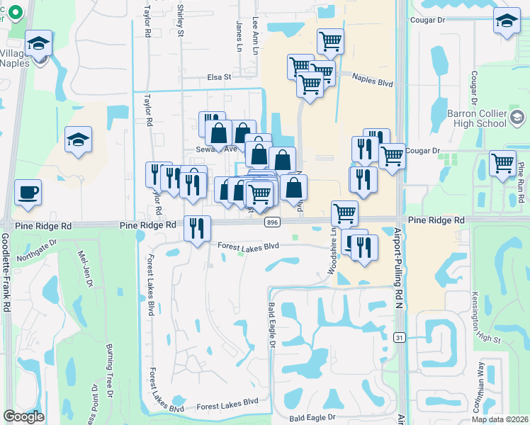 map of restaurants, bars, coffee shops, grocery stores, and more near 2091 Pine Ridge Road in Naples