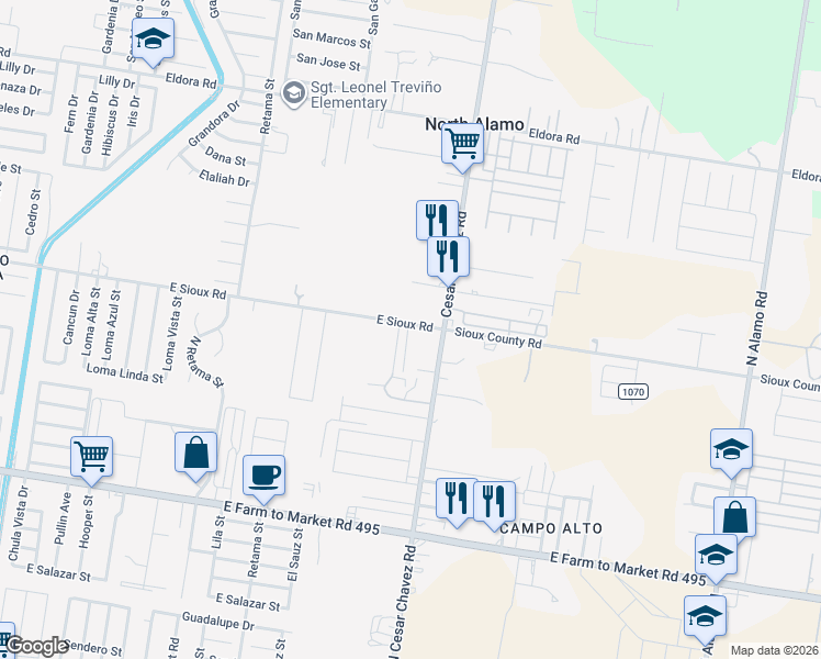map of restaurants, bars, coffee shops, grocery stores, and more near 1209 East Sioux Road in San Juan