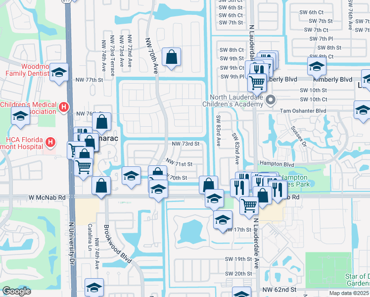map of restaurants, bars, coffee shops, grocery stores, and more near 6711 Northwest 72nd Street in Tamarac