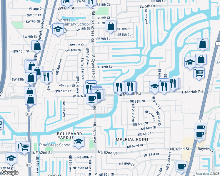 map of restaurants, bars, coffee shops, grocery stores, and more near 199 East McNab Road in Pompano Beach