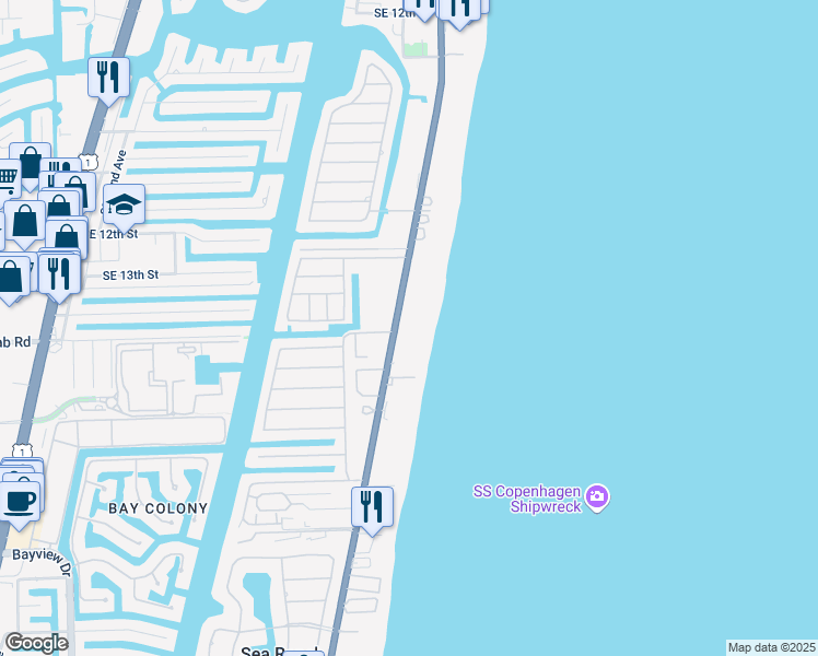 map of restaurants, bars, coffee shops, grocery stores, and more near 1470 South Ocean Boulevard in Pompano Beach