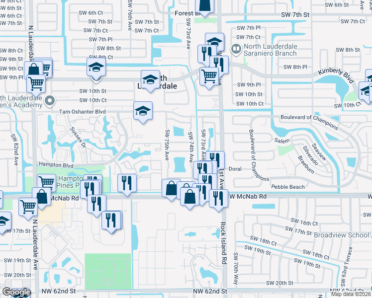 map of restaurants, bars, coffee shops, grocery stores, and more near 7400 Southwest 12th Court in North Lauderdale